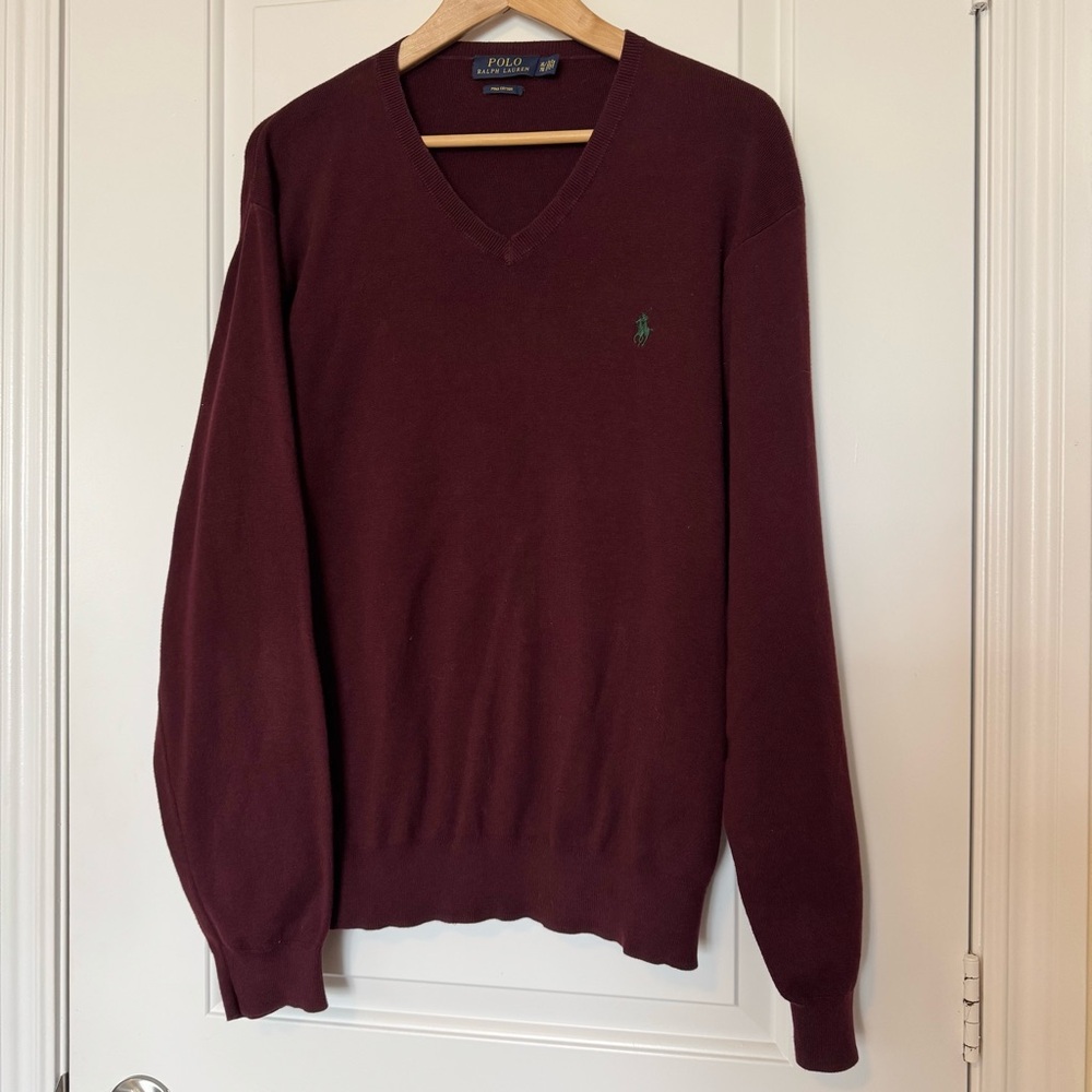 Polo Ralph Lauren V-neck Burgundy Pima Cotton Knit Sweater, size XL